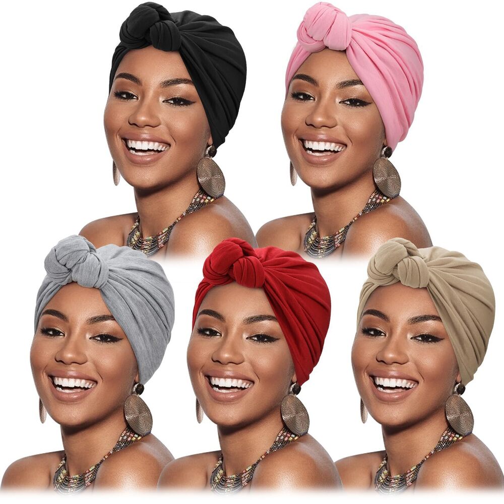 8595 5 Pack Knotted Headwraps African Turban Pre-Knotted Beanie Headwraps